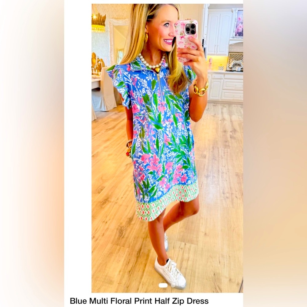 Umgee Blue and Pink Floral ruffle sleeve half zip Dress